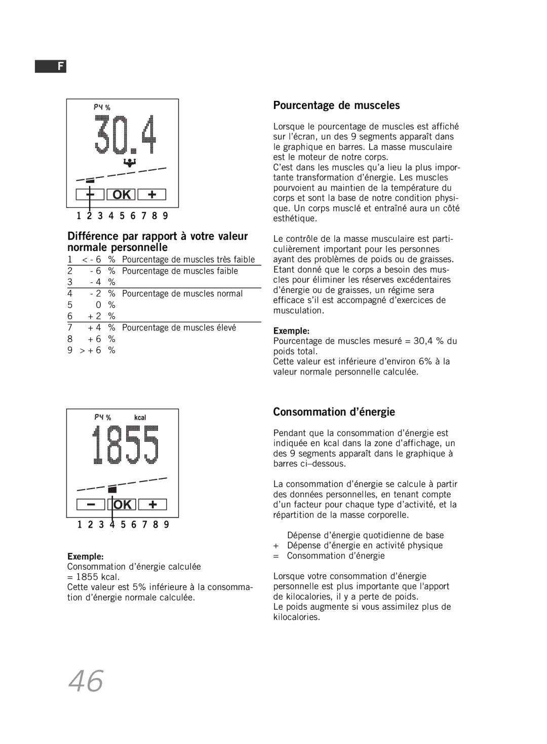 Soehnle F5 manual Pourcentage de musceles, Consommation d’énergie 