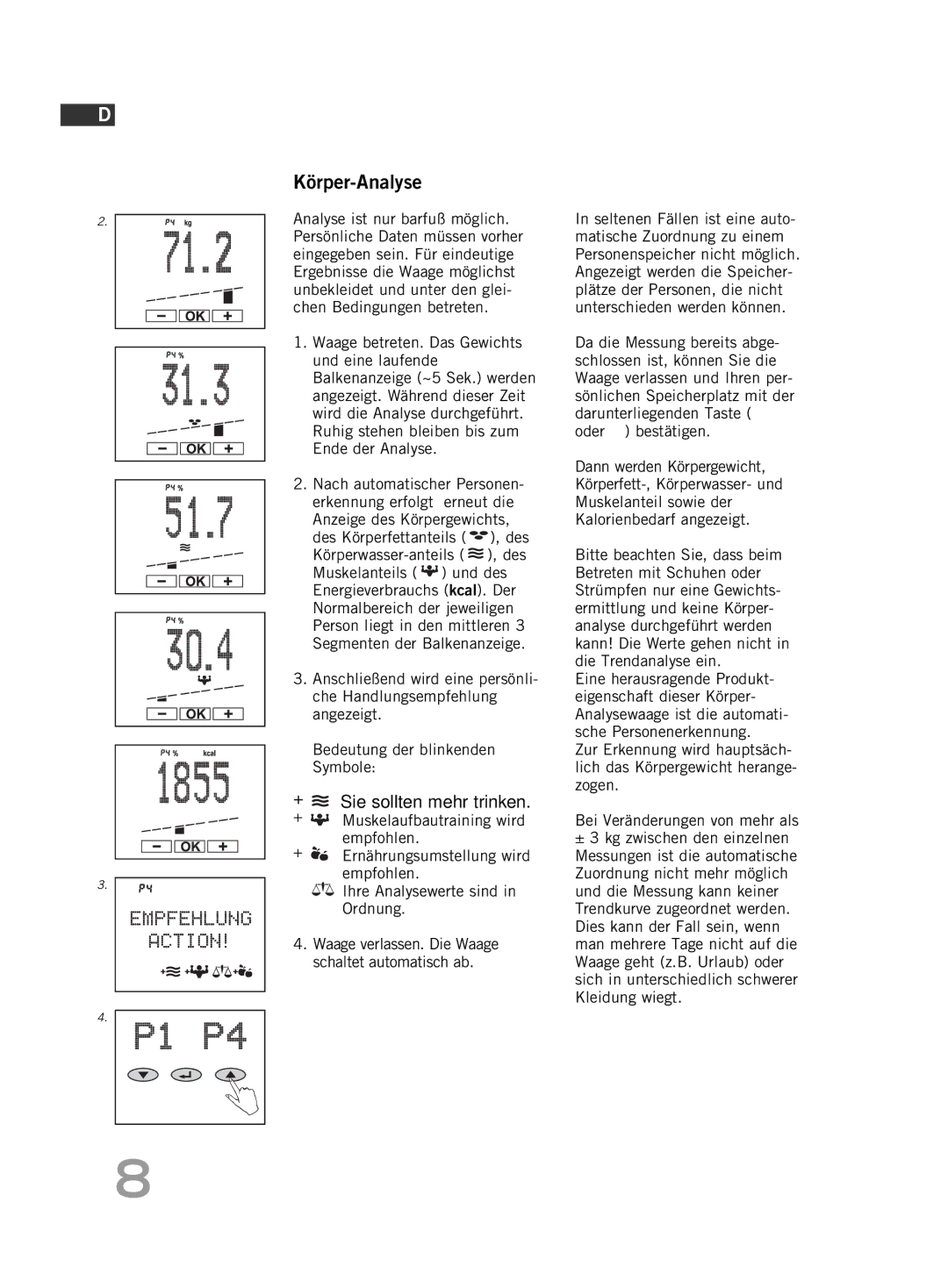 Soehnle F5 manual Körper-Analyse, Bedeutung der blinkenden Symbole 