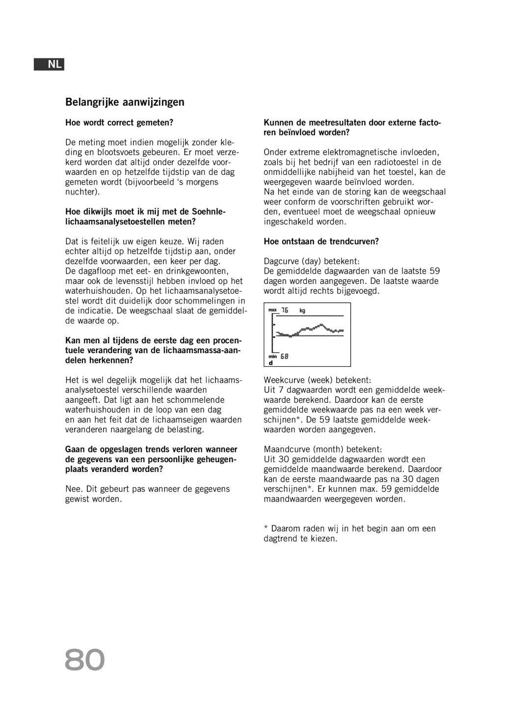 Soehnle F5 manual Belangrijke aanwijzingen, Daarom raden wij in het begin aan om een dagtrend te kiezen 