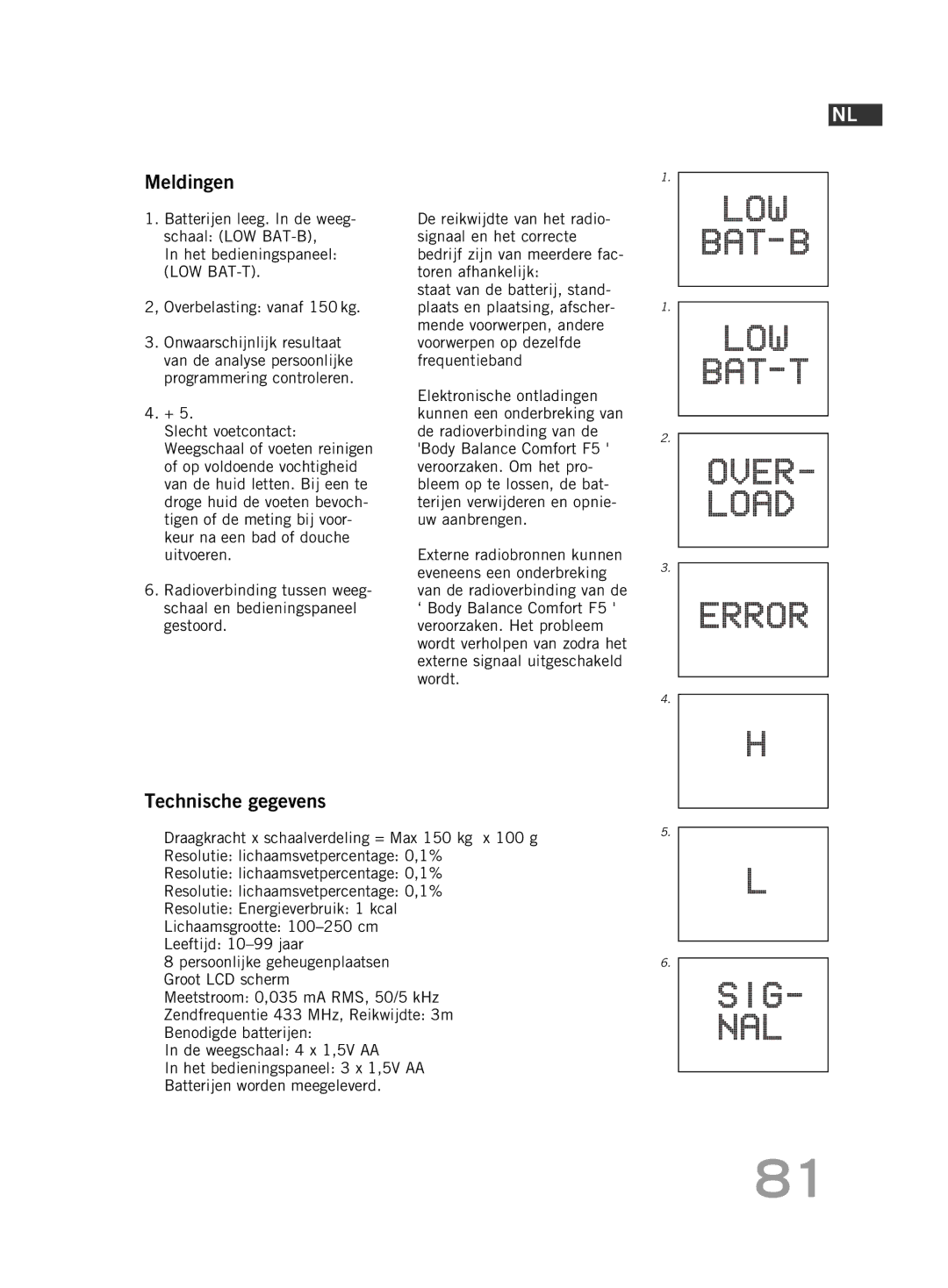 Soehnle F5 manual Meldingen, Technische gegevens 