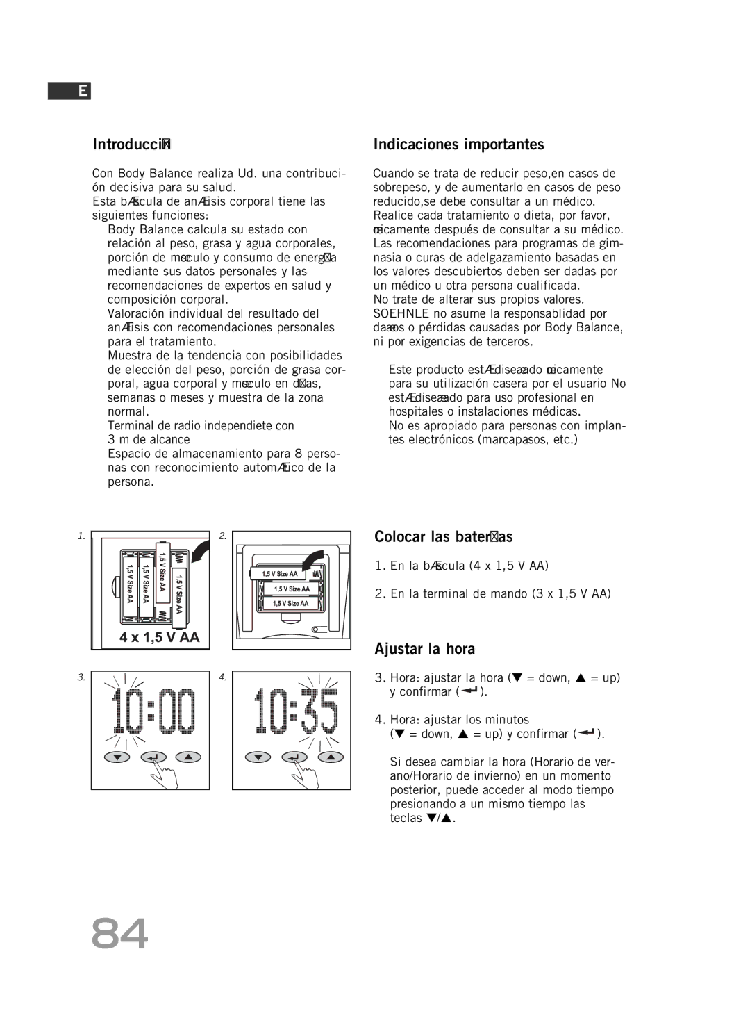 Soehnle F5 manual Introducción Indicaciones importantes, Colocar las baterías, Ajustar la hora 