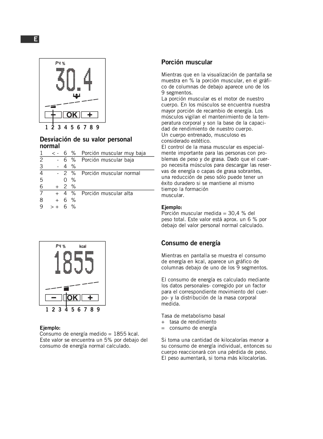 Soehnle F5 manual Porción muscular, Consumo de energía 