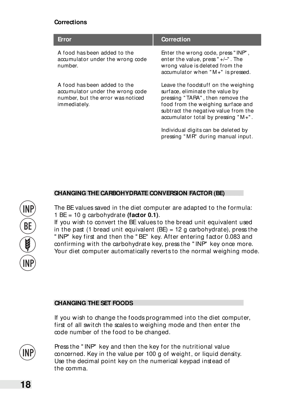 Soehnle Food Pilot 8057 manual Corrections, Error, Changing the Carbohydrate Conversion Factor be, Changing the SET Foods 