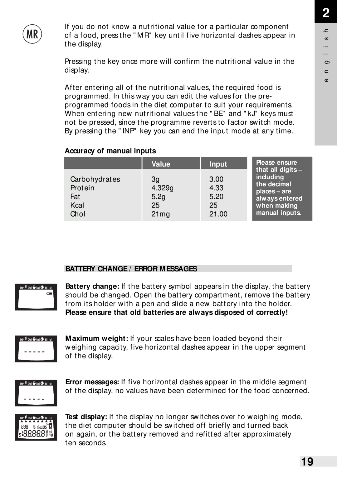 Soehnle Food Control 8046, Food Pilot 8057 Accuracy of manual inputs, Value, Input, Battery Change / Error Messages 