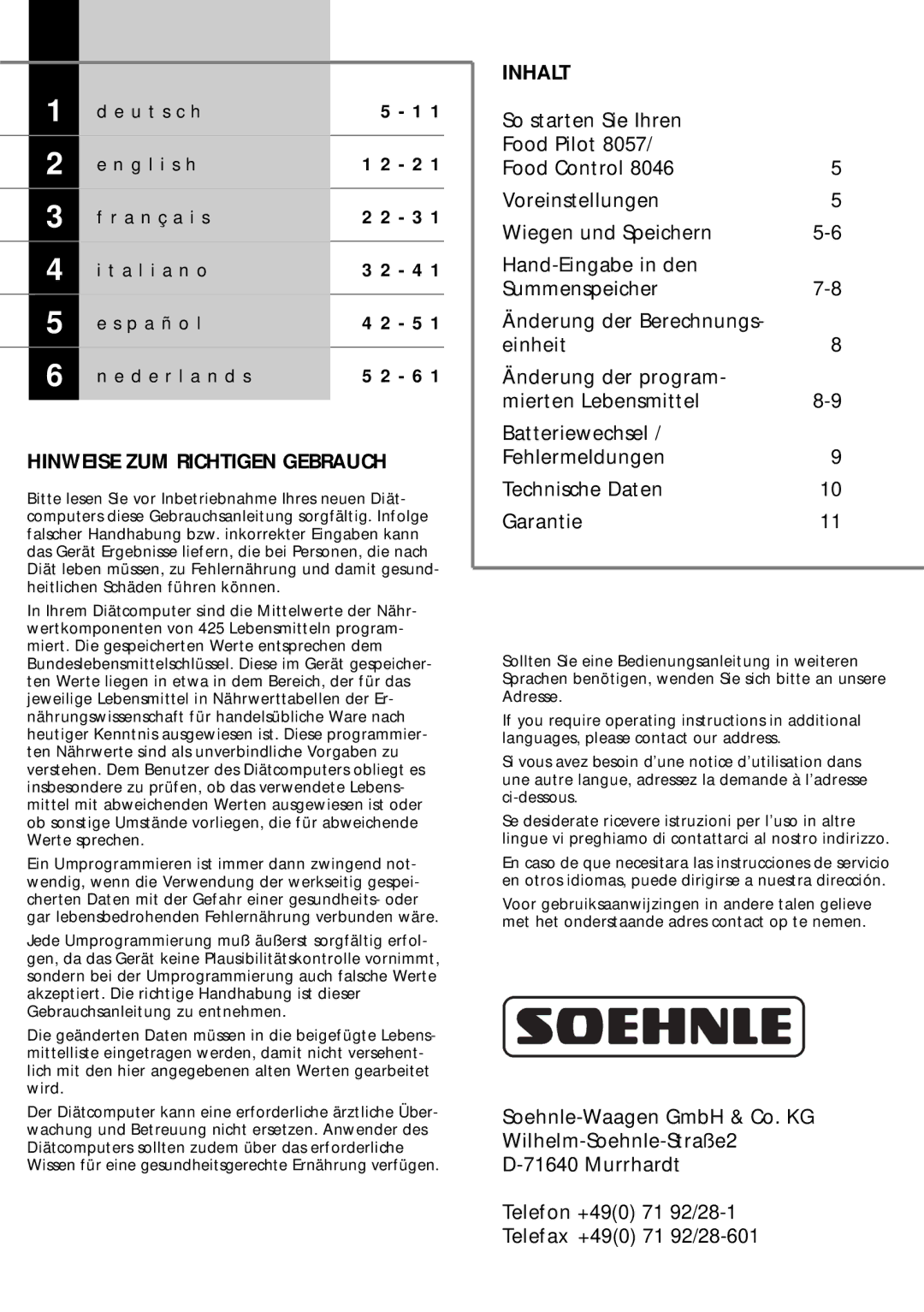 Soehnle Food Pilot 8057, Food Control 8046 manual Hinweise ZUM Richtigen Gebrauch, Inhalt 