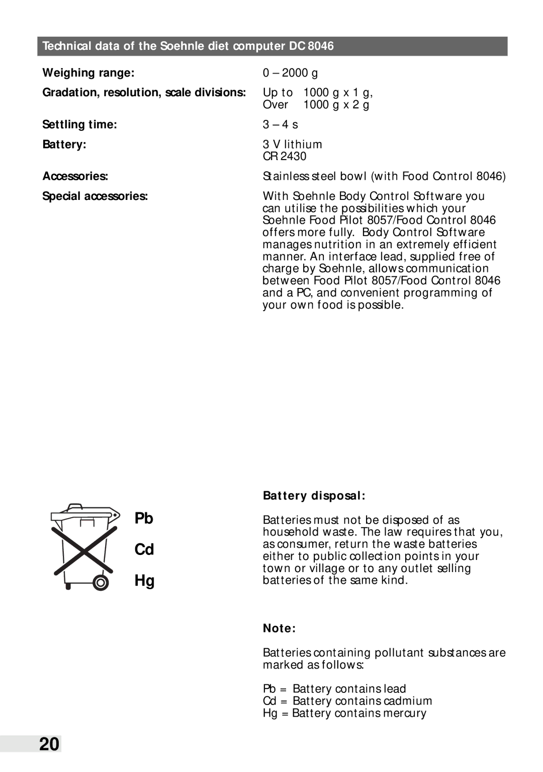 Soehnle Food Pilot 8057, Food Control 8046 manual Battery disposal 