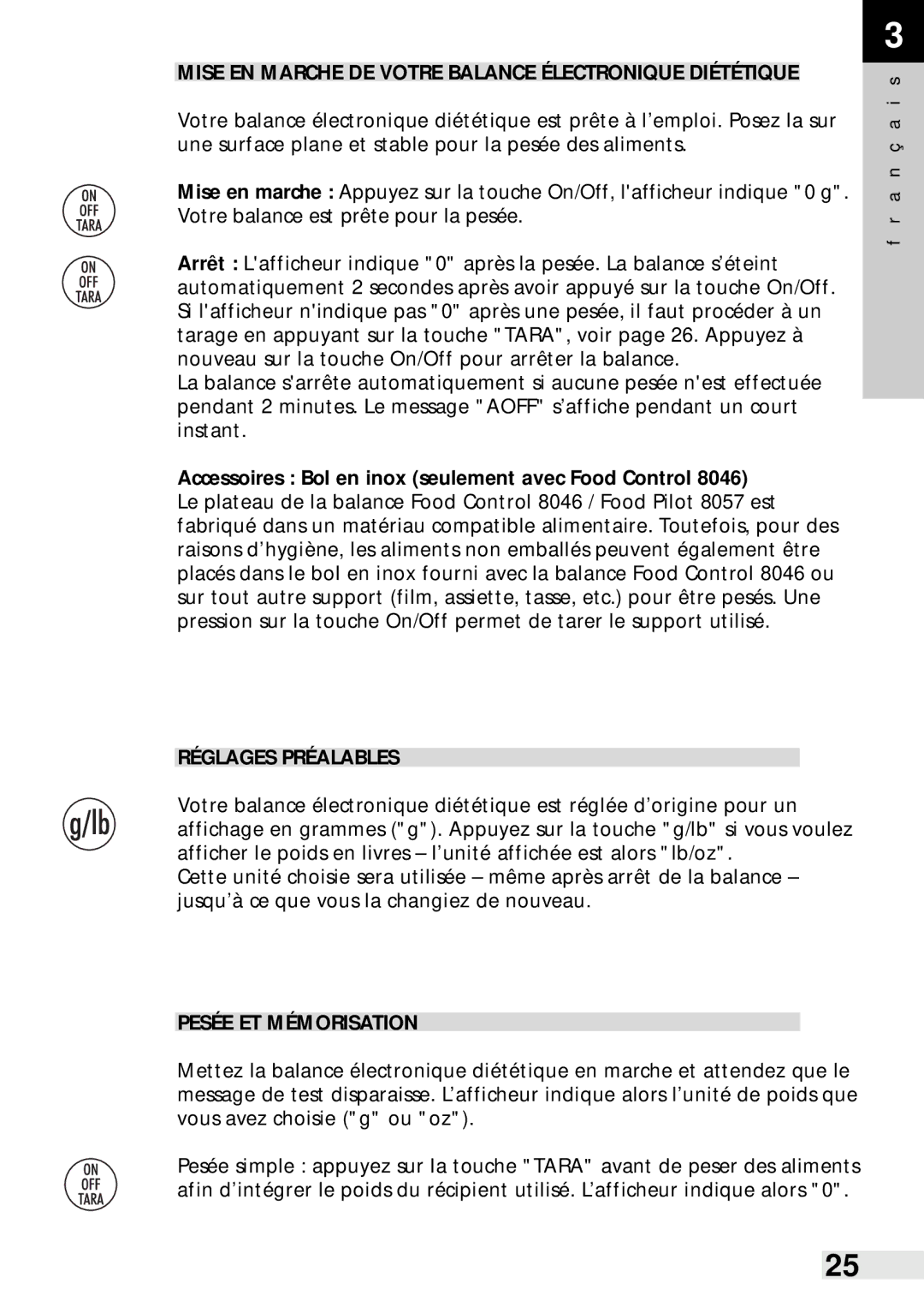 Soehnle Food Control 8046, Food Pilot 8057 Mise EN Marche DE Votre Balance Électronique Diététique, Réglages Préalables 