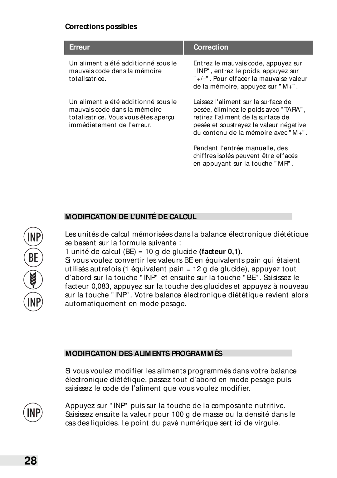 Soehnle Food Pilot 8057, Food Control 8046 manual Corrections possibles, Erreur, Modification DE L’UNITÉ DE Calcul 