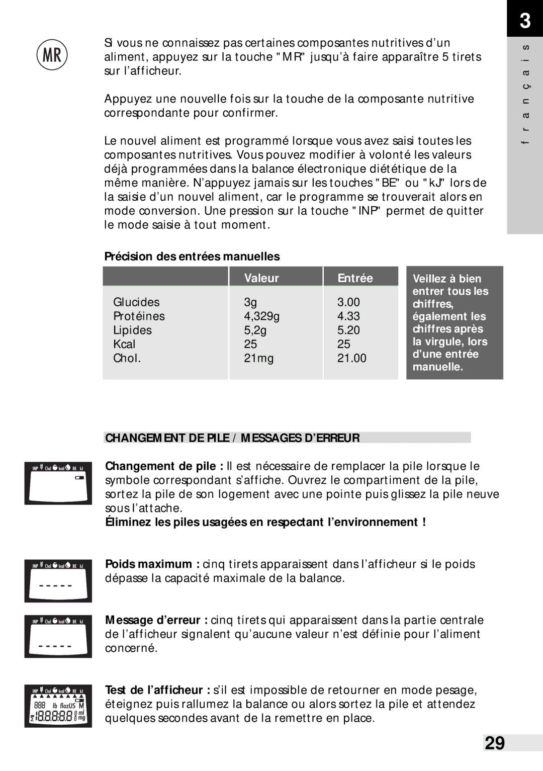 Soehnle Food Control 8046, Food Pilot 8057 manual Entrée, Changement DE Pile / Messages D’ERREUR 