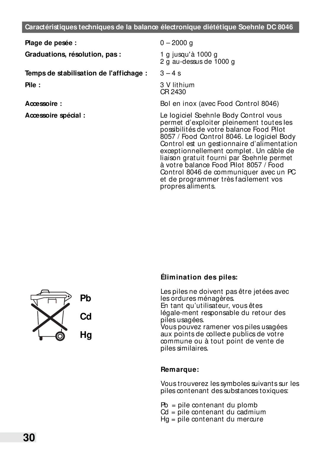 Soehnle Food Pilot 8057, Food Control 8046 manual Élimination des piles, Remarque 