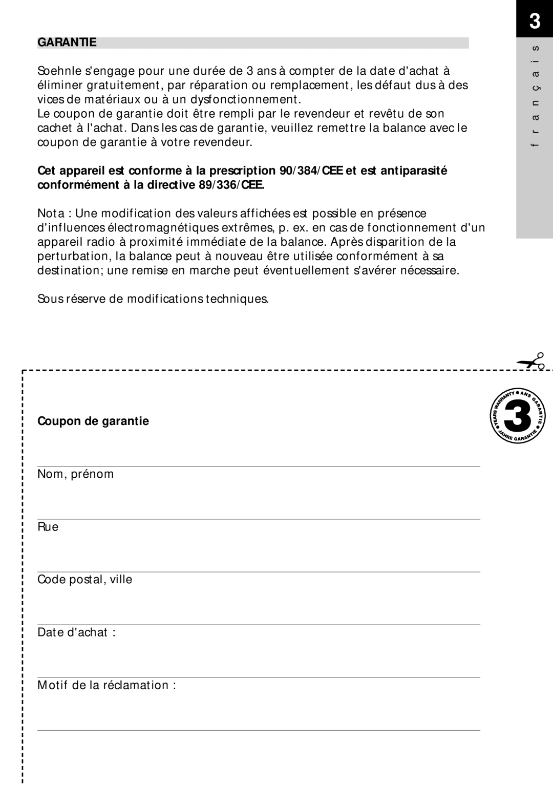 Soehnle Food Control 8046, Food Pilot 8057 manual Garantie, Coupon de garantie 