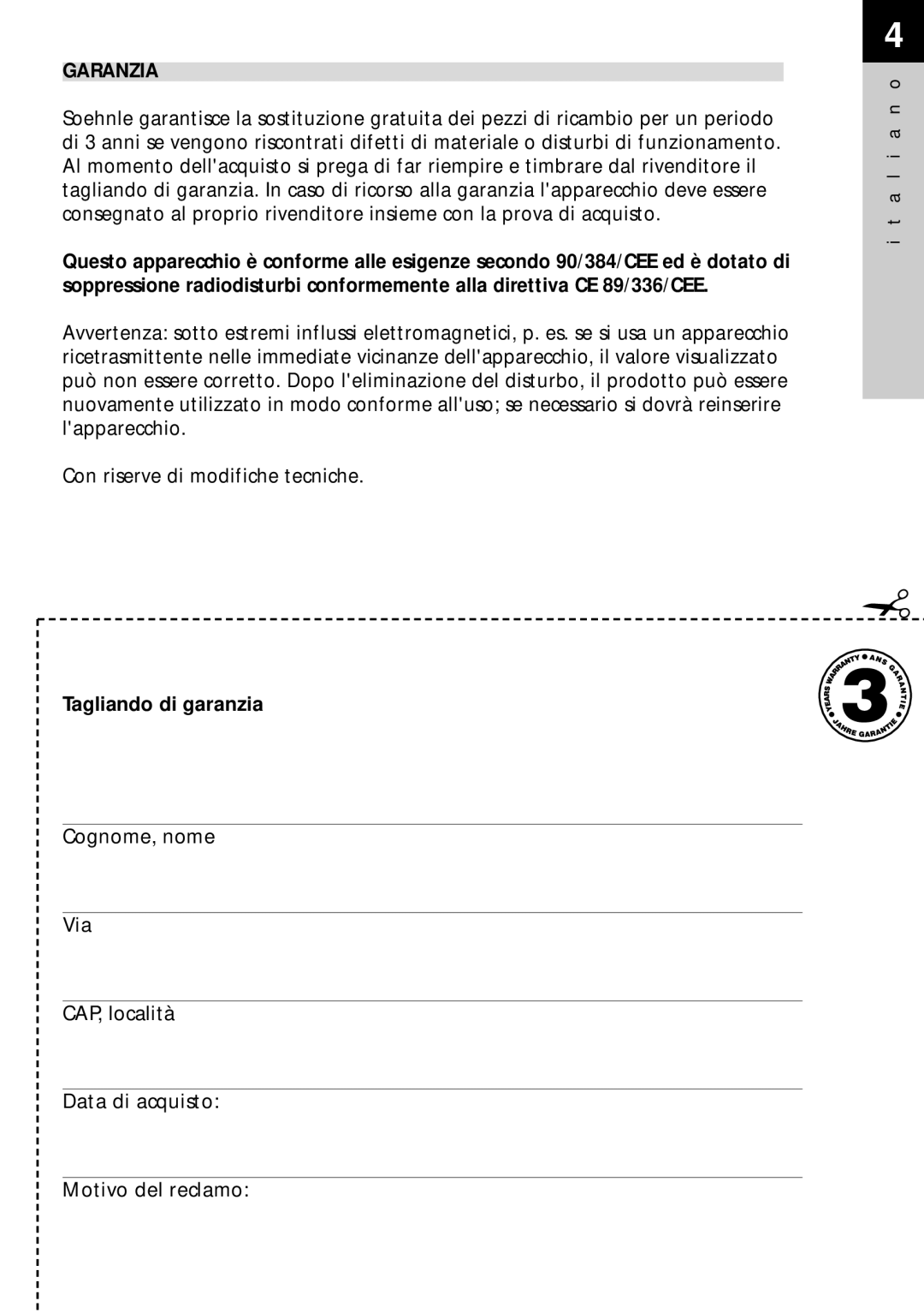 Soehnle Food Control 8046, Food Pilot 8057 manual Garanzia, Tagliando di garanzia 