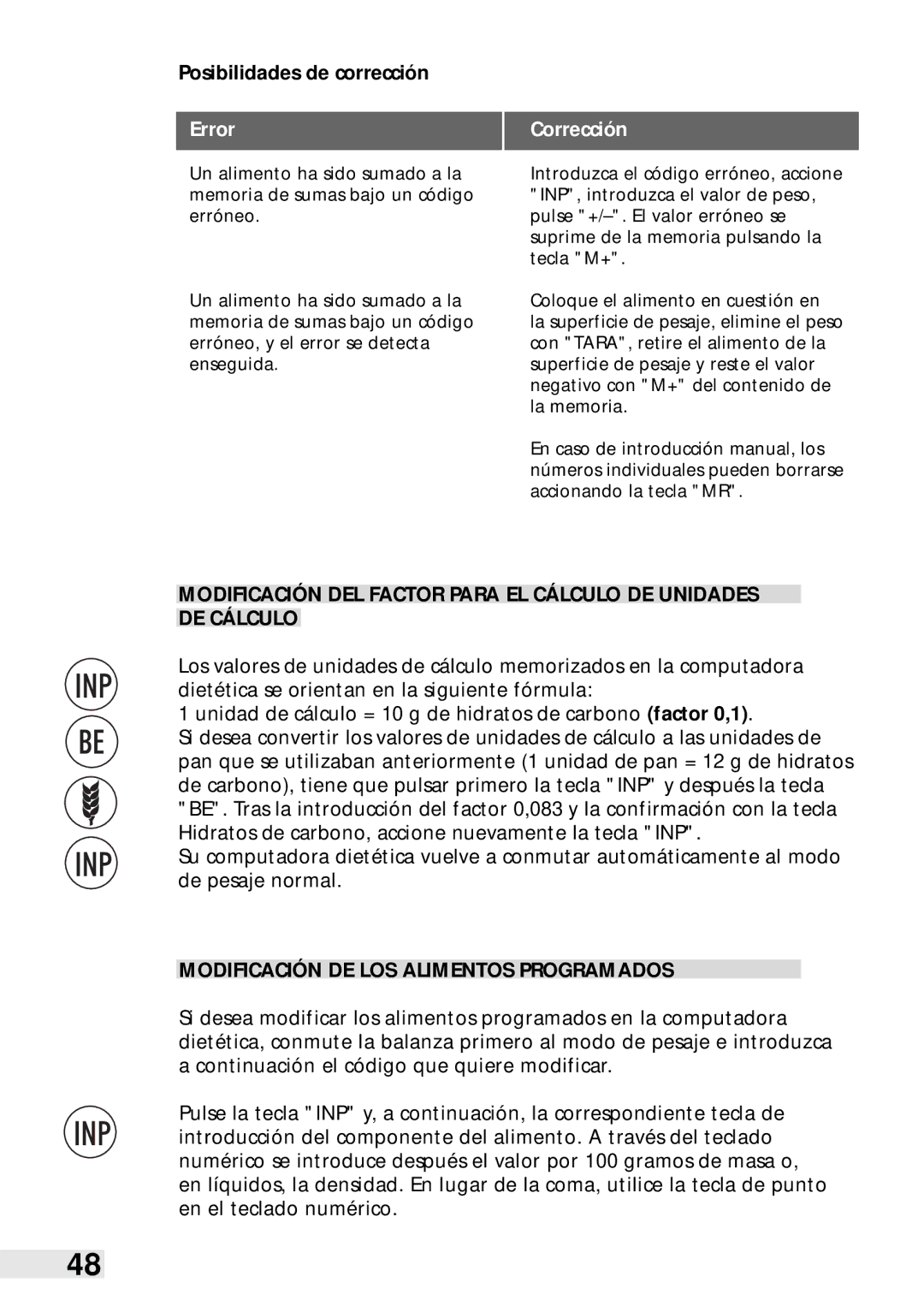 Soehnle Food Pilot 8057 manual Posibilidades de corrección, Corrección, Modificación DE LOS Alimentos Programados 