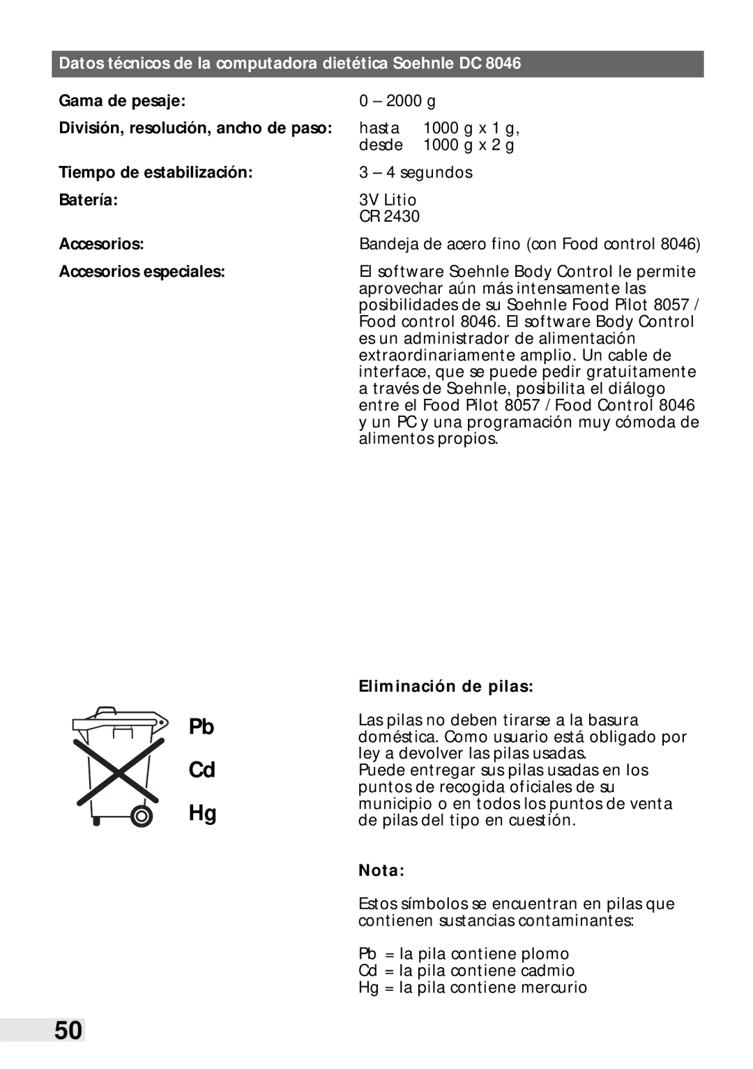 Soehnle Food Pilot 8057, Food Control 8046 manual Eliminación de pilas, Nota 