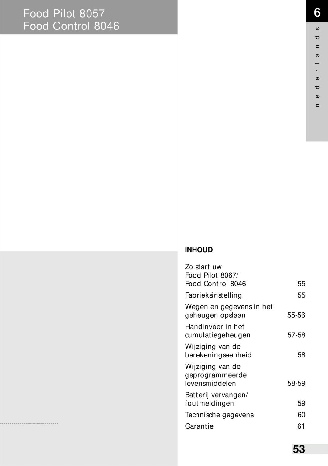 Soehnle Food Control 8046, Food Pilot 8057 manual Inhoud 