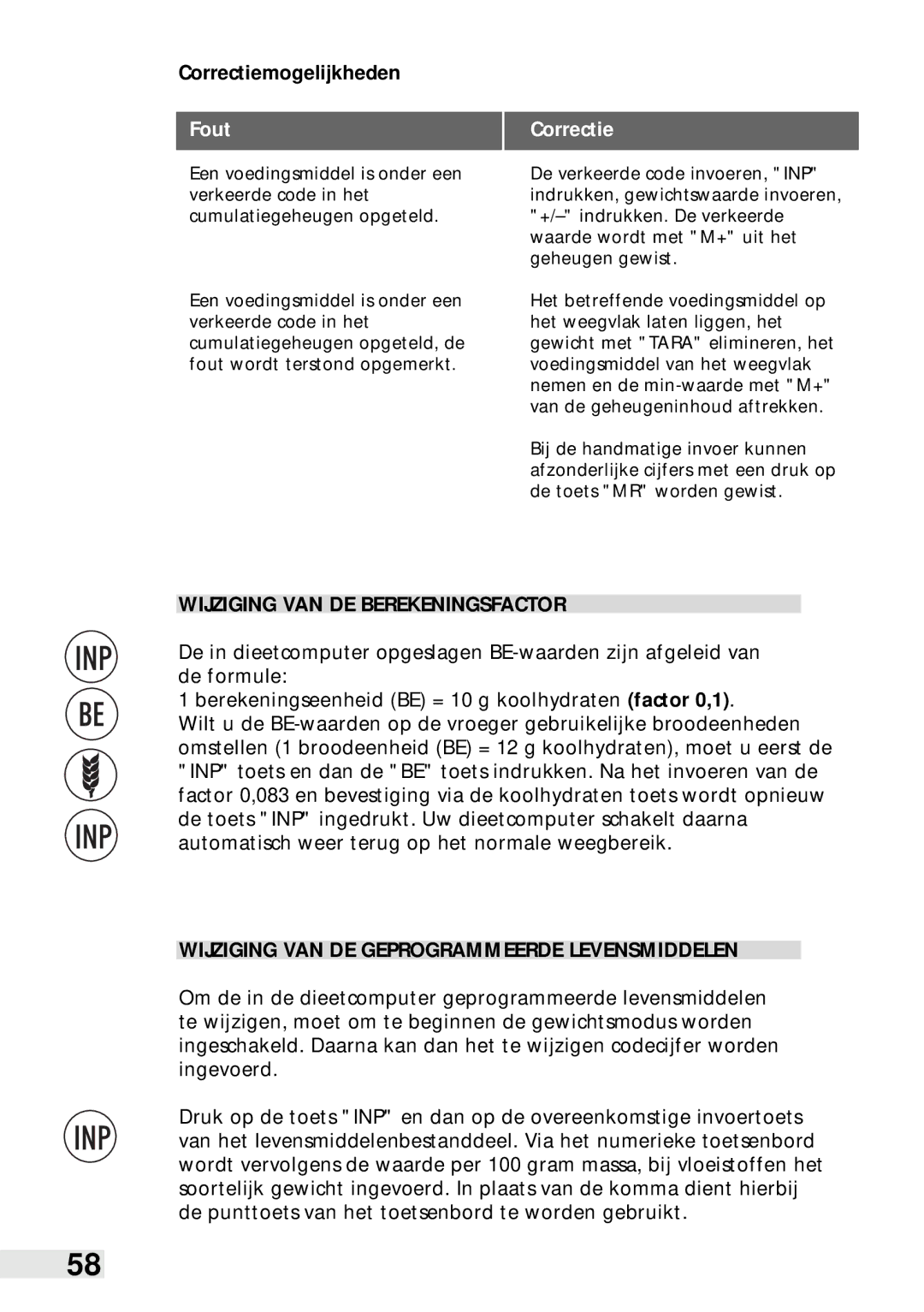 Soehnle Food Pilot 8057, Food Control 8046 manual Correctiemogelijkheden, Fout, Wijziging VAN DE Berekeningsfactor 