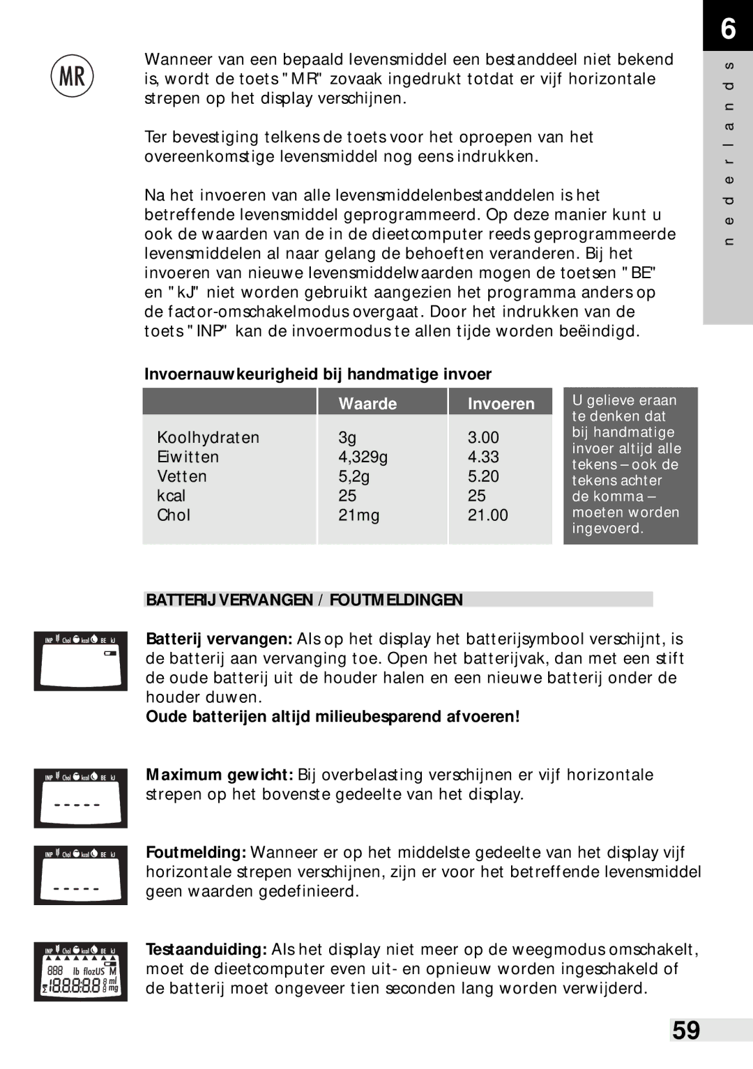 Soehnle Food Control 8046 Invoernauwkeurigheid bij handmatige invoer, Waarde, Invoeren, Batterij Vervangen / Foutmeldingen 