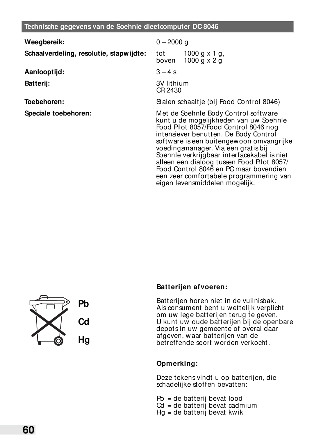 Soehnle Food Pilot 8057, Food Control 8046 manual Batterijen afvoeren, Opmerking 