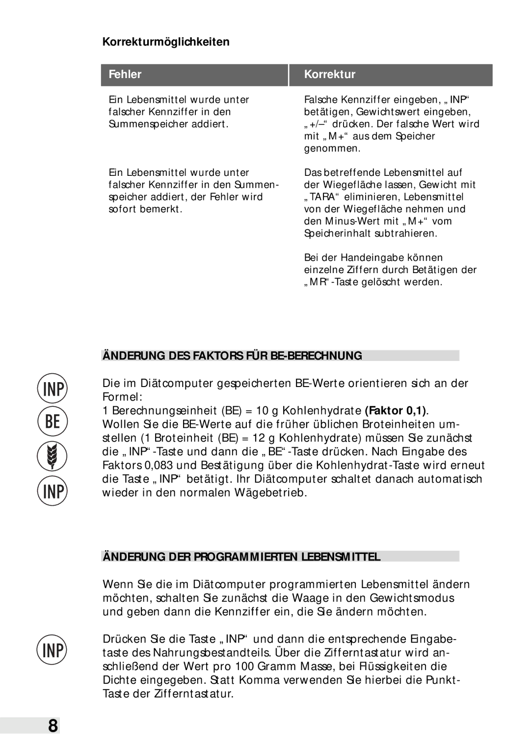 Soehnle Food Pilot 8057, Food Control 8046 manual Korrekturmöglichkeiten, Fehler, Änderung DES Faktors FÜR BE-BERECHNUNG 