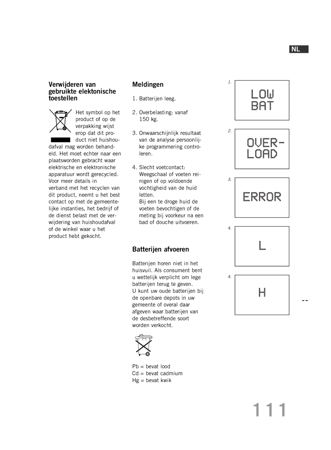 Soehnle FT 5 manual 111, Verwijderen van gebruikte elektonische toestellen, Meldingen, Batterijen afvoeren 