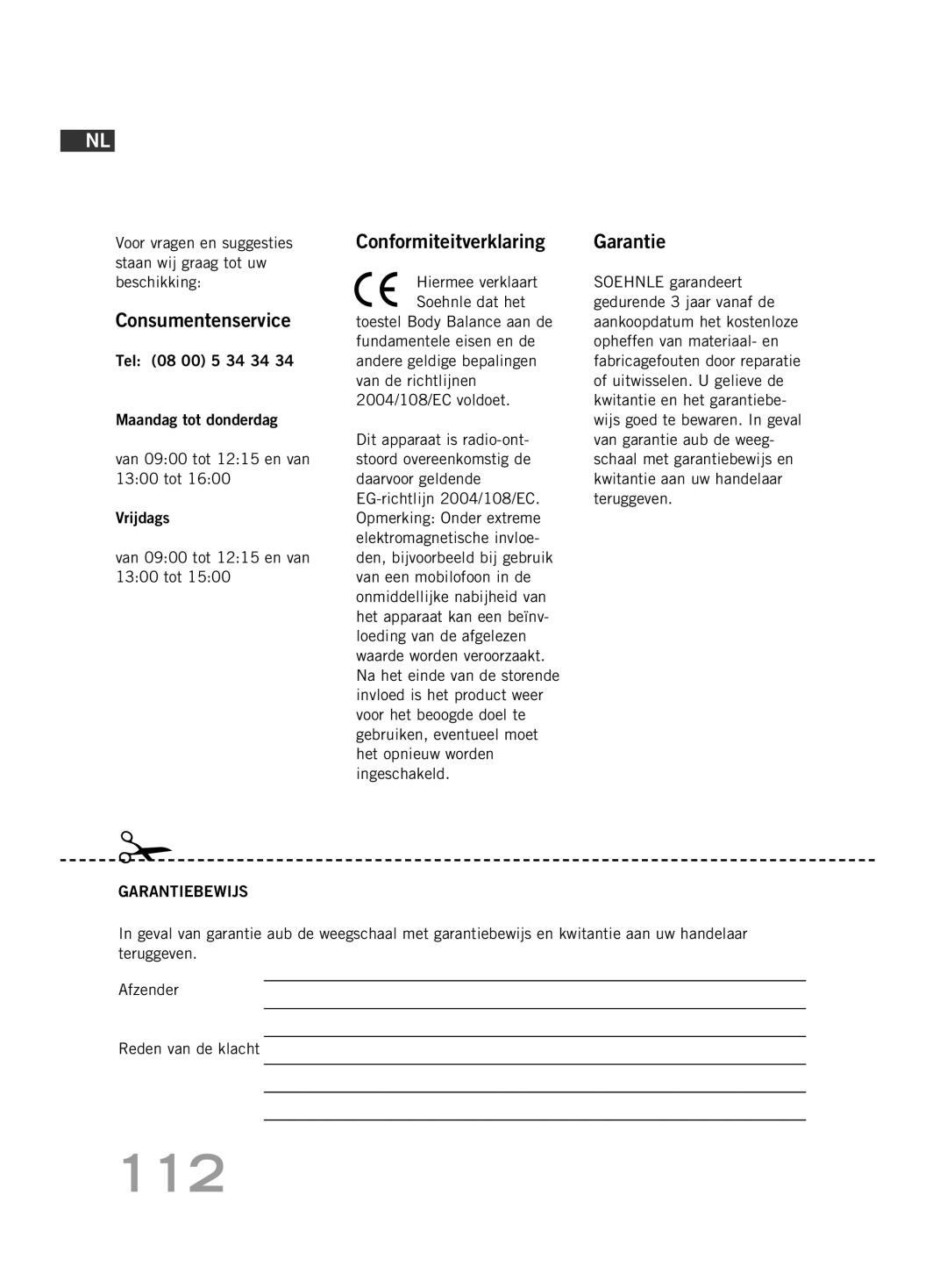 Soehnle FT 5 manual 112, Consumentenservice, Conformiteitverklaring, Hiermee verklaart Soehnle dat het 