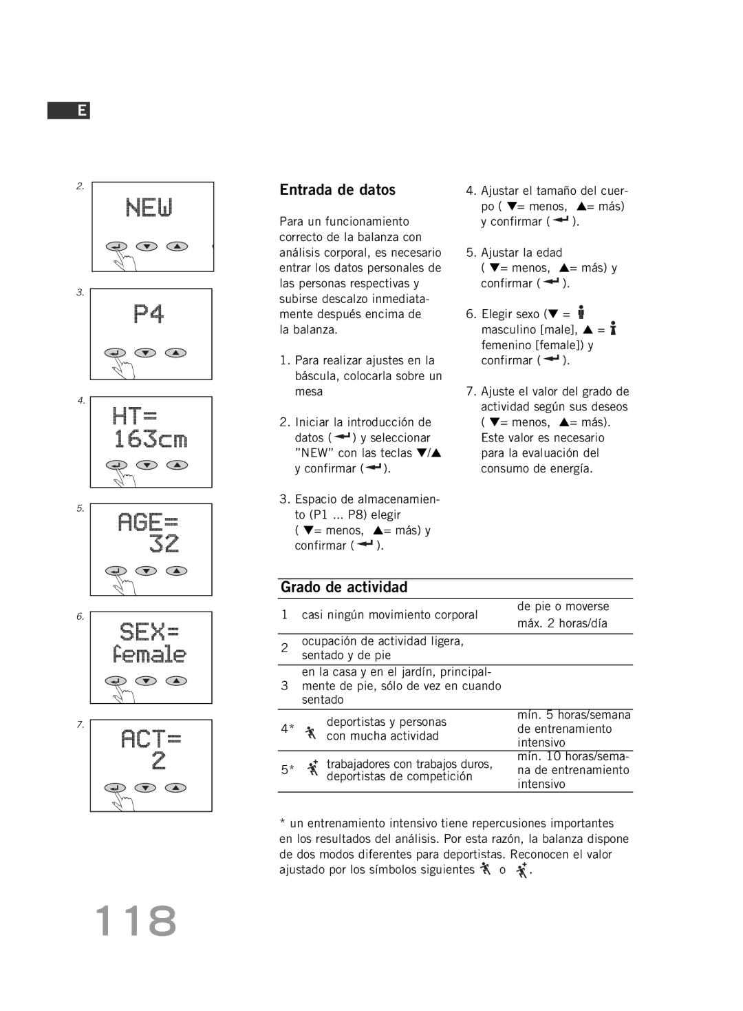 Soehnle FT 5 manual 118, Entrada de datos, Grado de actividad 