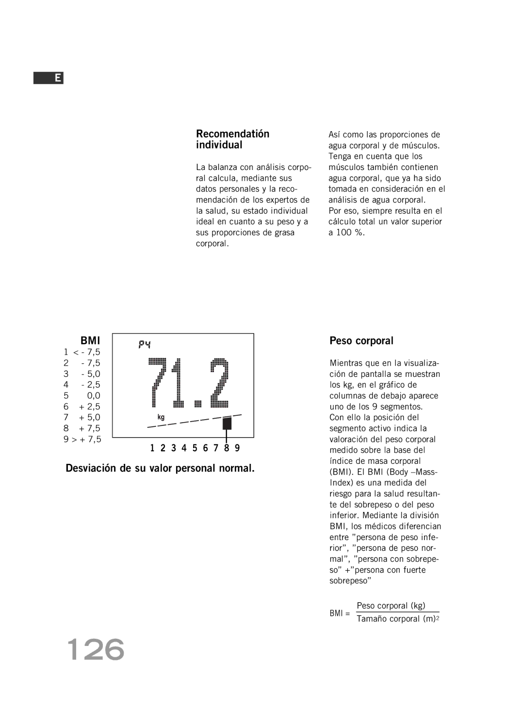 Soehnle FT 5 manual 126, Recomendatión individual, Peso corporal, Desviación de su valor personal normal 