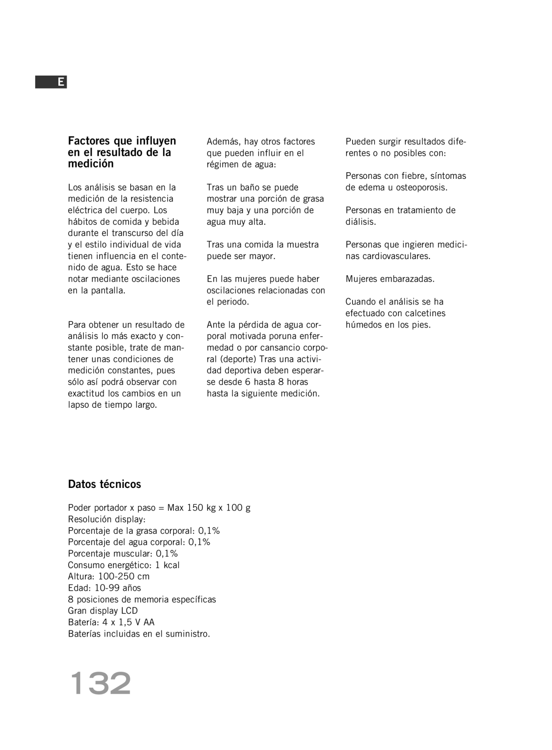 Soehnle FT 5 manual 132, Factores que influyen en el resultado de la medición, Datos técnicos 