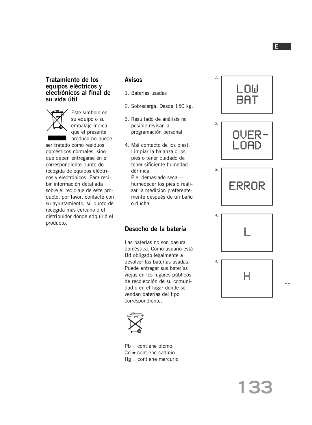 Soehnle FT 5 manual 133, Avisos, Desocho de la batería 