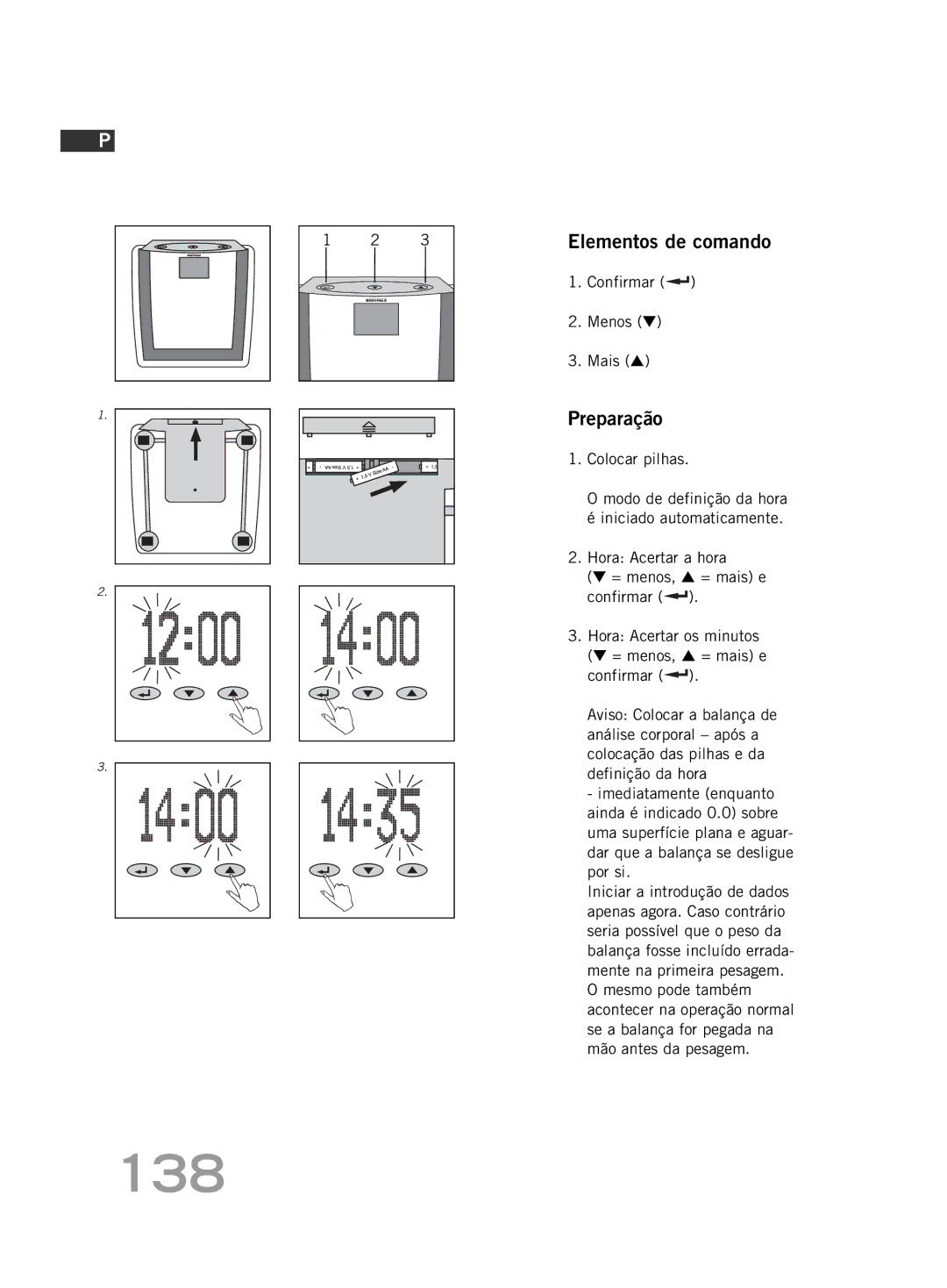 Soehnle FT 5 manual 138, Elementos de comando, Preparação, Confirmar Menos Mais 