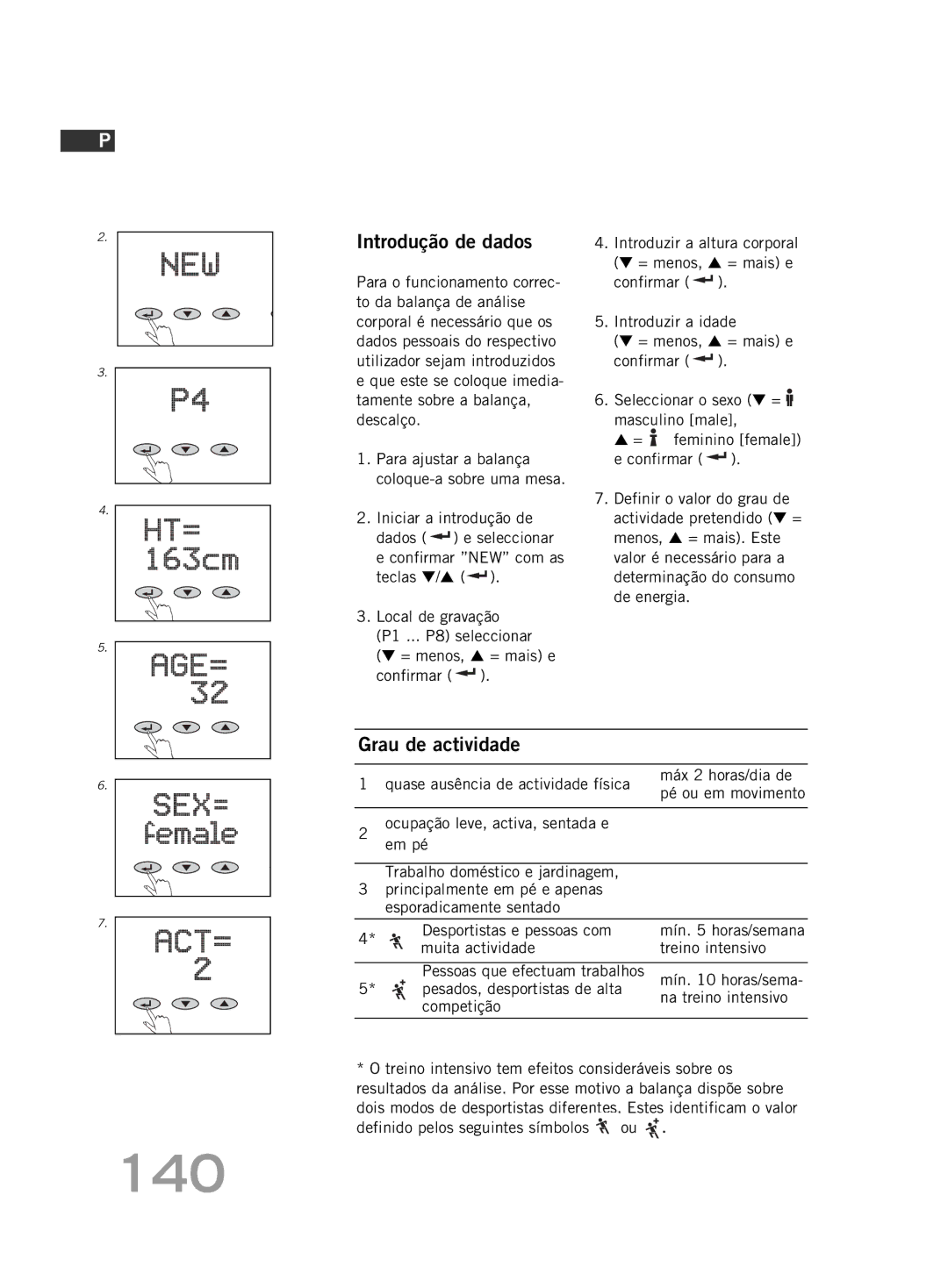 Soehnle FT 5 manual 140, Introdução de dados, Grau de actividade 