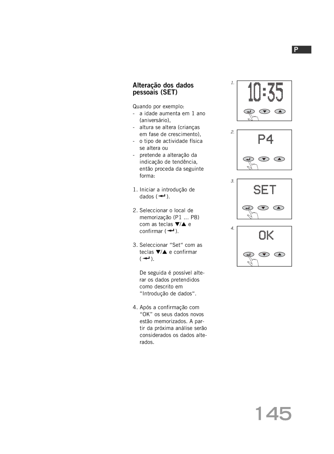 Soehnle FT 5 manual 145, Alteração dos dados pessoais SET 