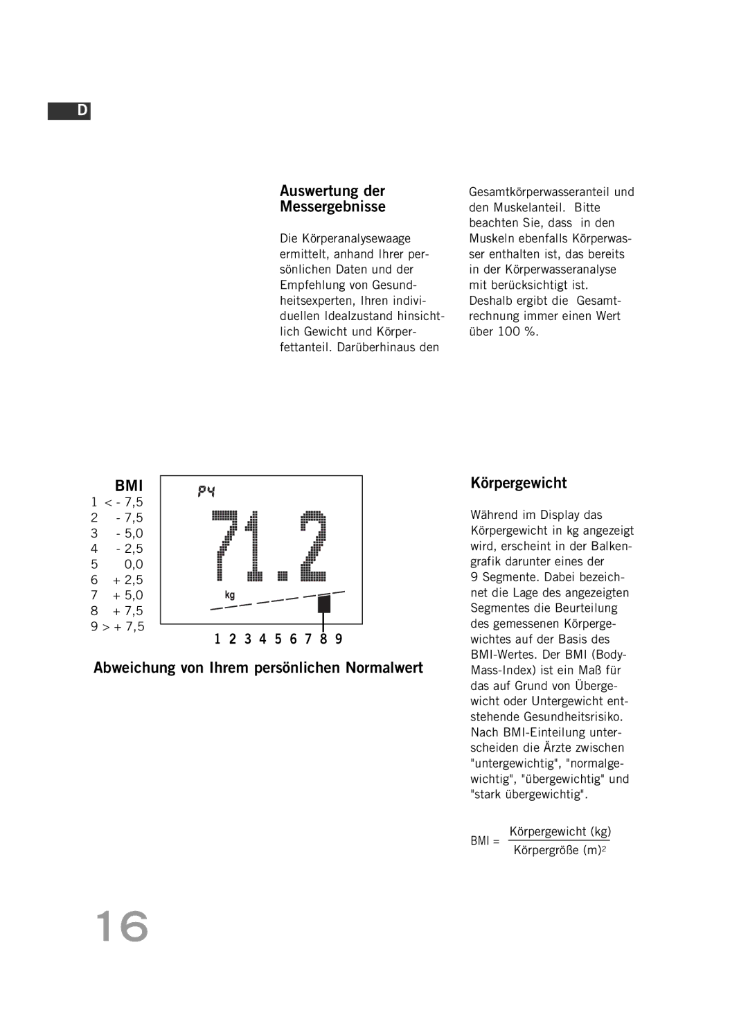 Soehnle FT 5 Auswertung der Messergebnisse, Abweichung von Ihrem persönlichen Normalwert Körpergewicht, + 2,5 + 5,0 + 7,5 