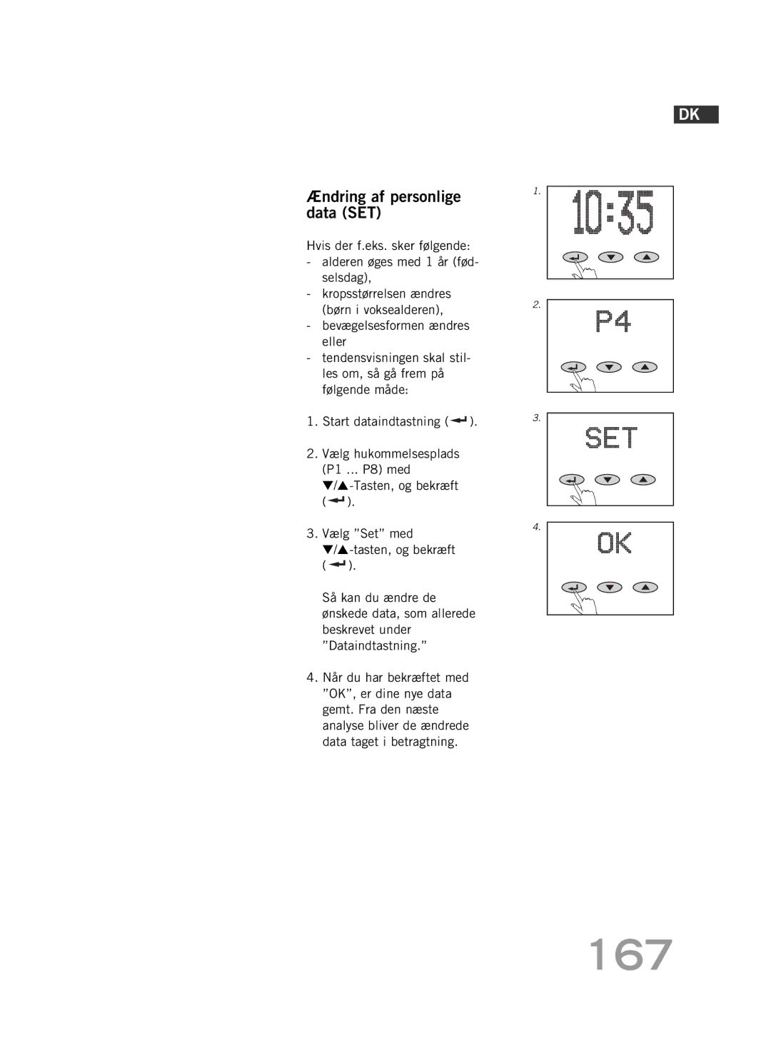 Soehnle FT 5 manual 167, Ændring af personlige data SET 