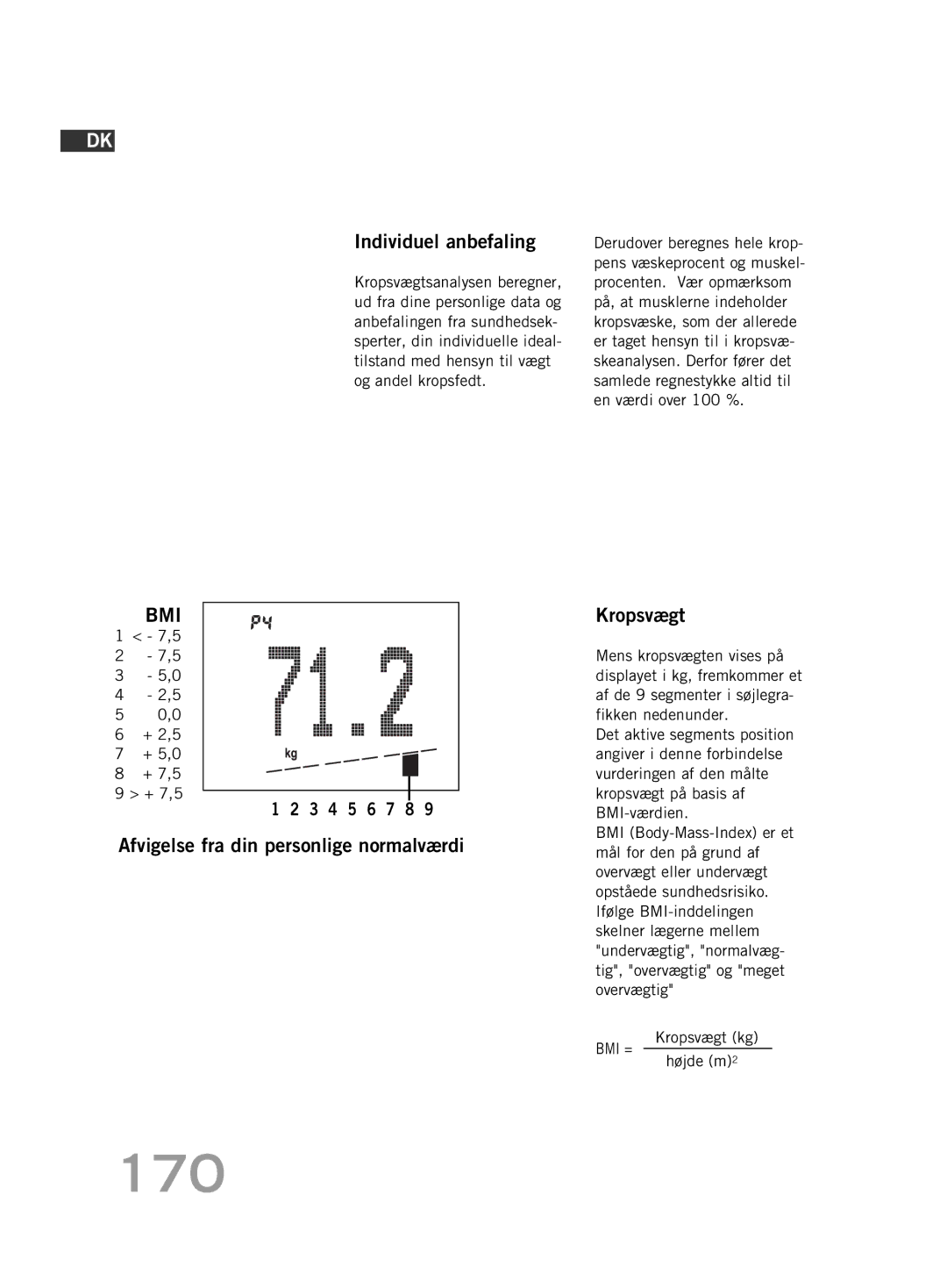 Soehnle FT 5 manual 170, Individuel anbefaling, Afvigelse fra din personlige normalværdi, Kropsvægt, Højde m2 