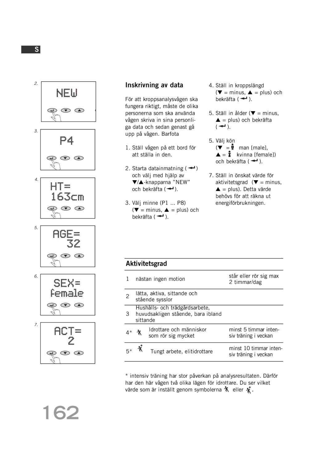 Soehnle FT 5 manual Inskrivning av data, Aktivitetsgrad 