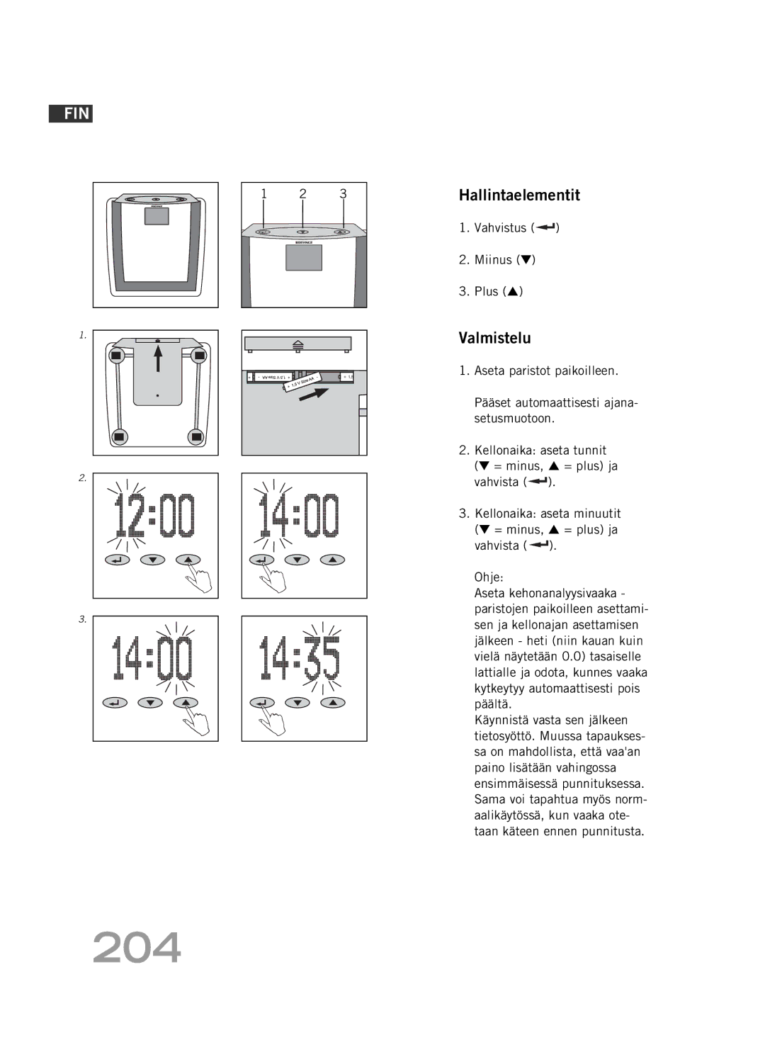 Soehnle FT 5 manual 204, Hallintaelementit, Valmistelu, Vahvistus Miinus Plus 