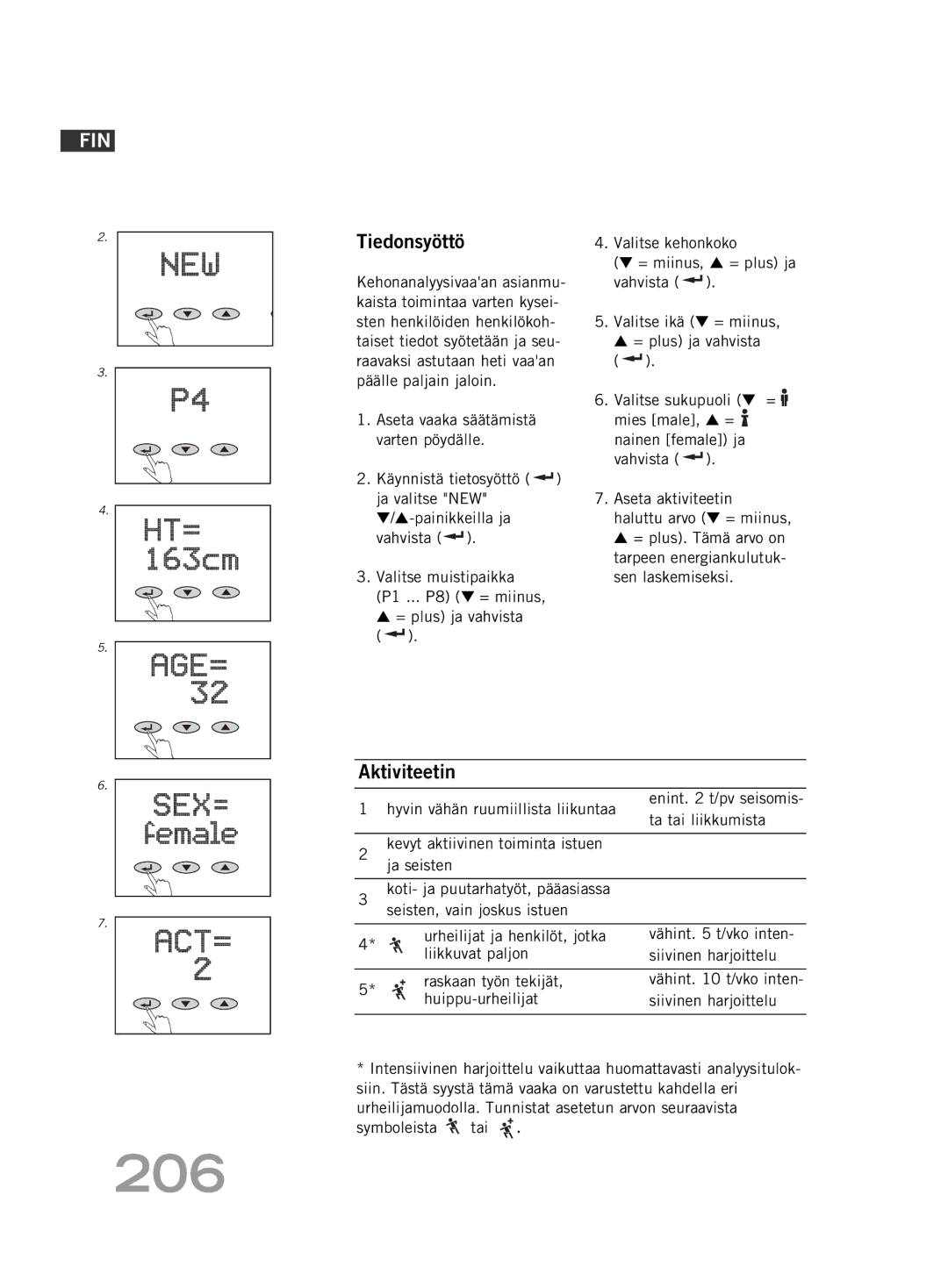 Soehnle FT 5 manual 206, Tiedonsyöttö, Aktiviteetin 