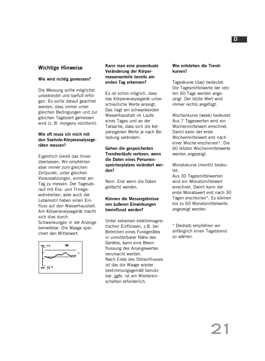 Soehnle FT 5 manual Wie wird richtig gemessen?, Monatskurve month bedeu- tet 