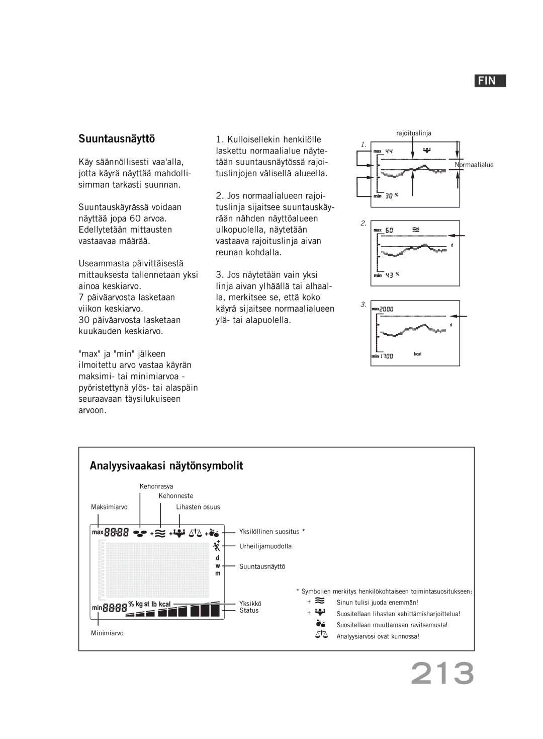 Soehnle FT 5 manual 213, Suuntausnäyttö, Analyysivaakasi näytönsymbolit 