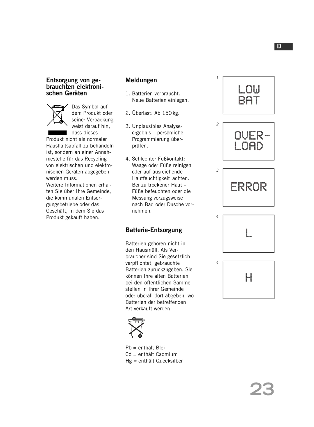 Soehnle FT 5 manual Entsorgung von ge- brauchten elektroni- schen Geräten, Meldungen, Batterie-Entsorgung 