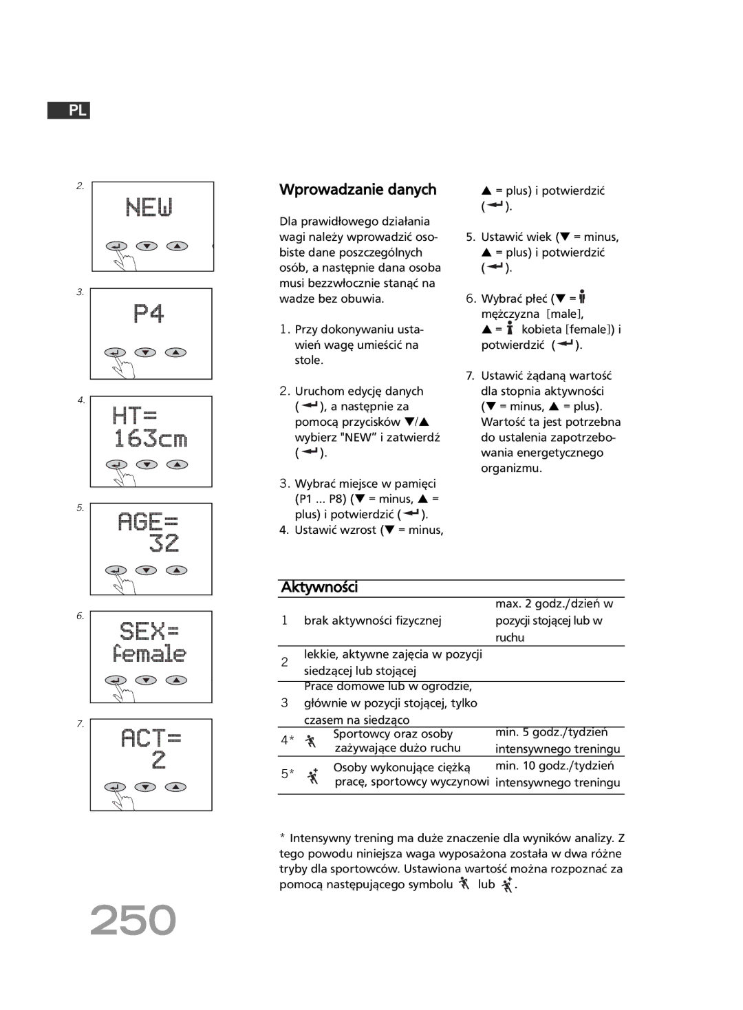 Soehnle FT 5 manual 250, Wprowadzanie danych, Aktywności, Osoby wykonujące ciężką Min godz./tydzień 