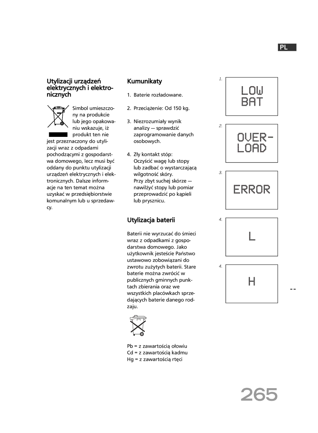 Soehnle FT 5 manual 265, Utylizacji urządzeń elektrycznych i elektro- nicznych, Kumunikaty, Utylizacja baterii 