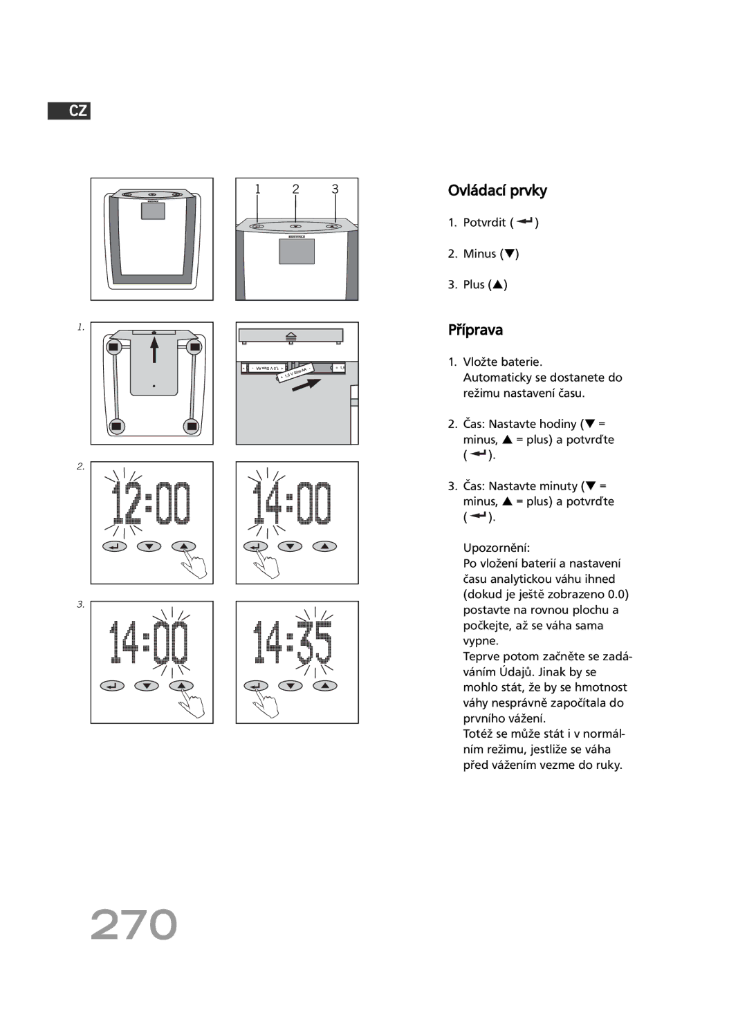 Soehnle FT 5 manual 270, Ovládací prvky, Příprava, Potvrdit Minus Plus 