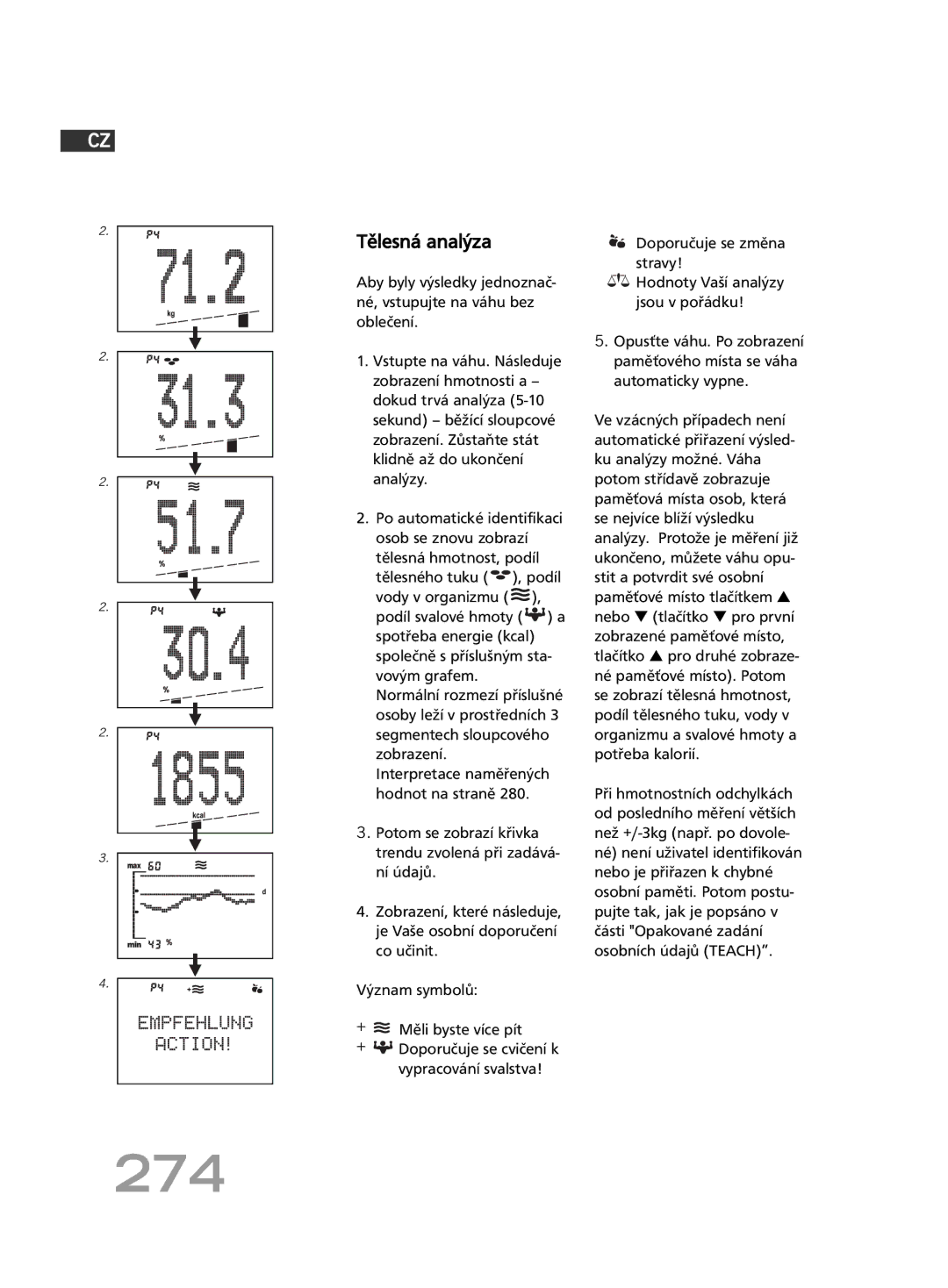 Soehnle FT 5 manual 274, Tělesná analýza, Doporučuje se změna stravy 