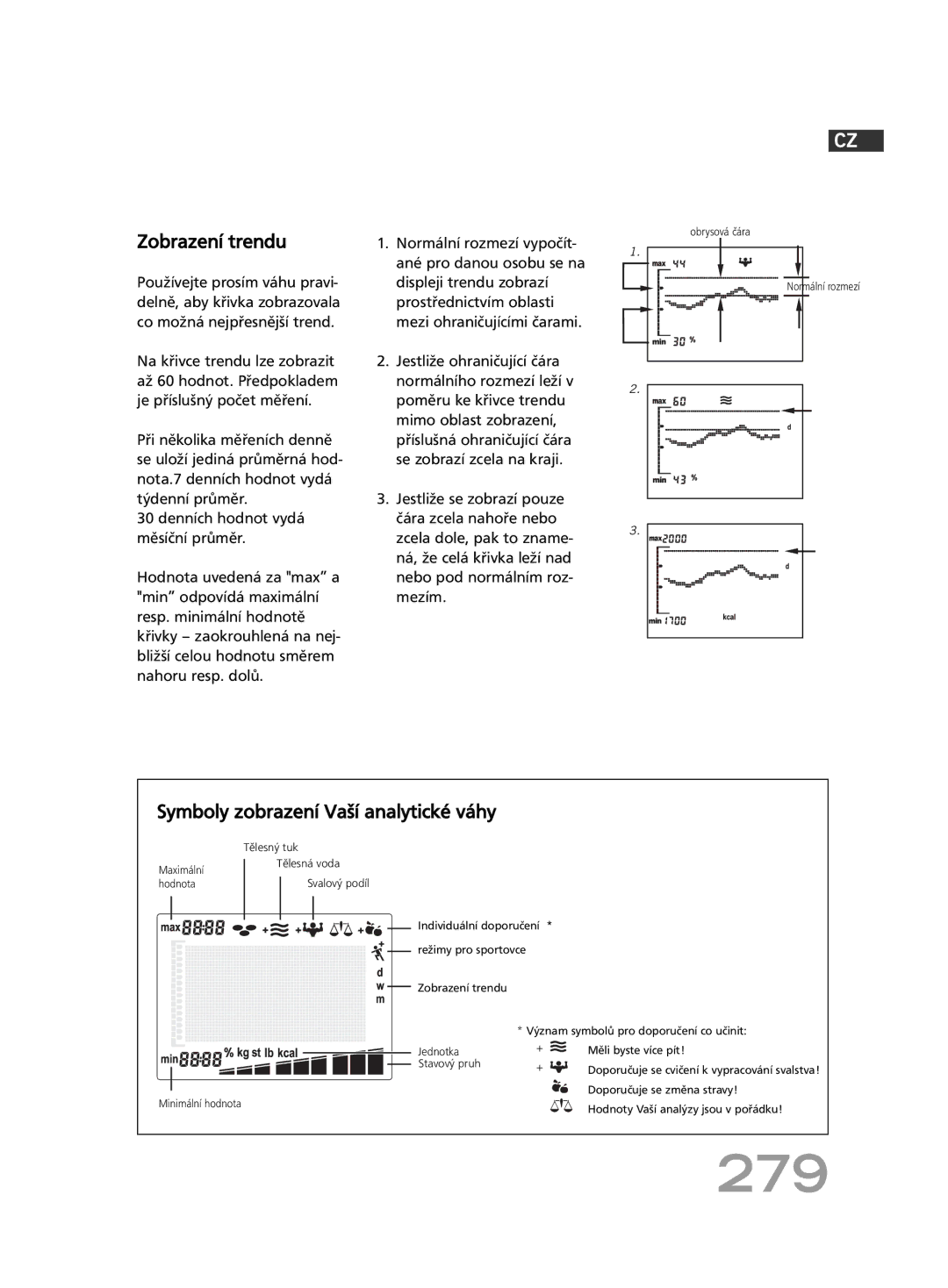 Soehnle FT 5 manual 279, Zobrazení trendu, Symboly zobrazení Vaší analytické váhy 