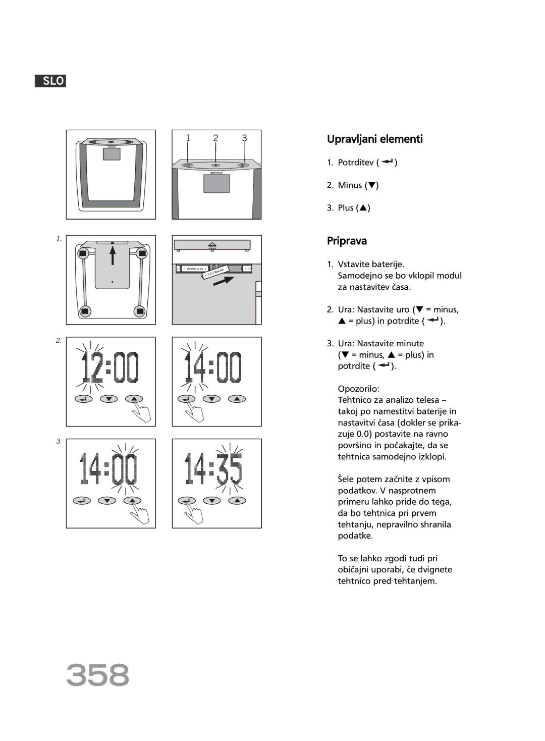 Soehnle FT 5 manual 358, Upravljani elementi, Priprava, Potrditev Minus Plus 