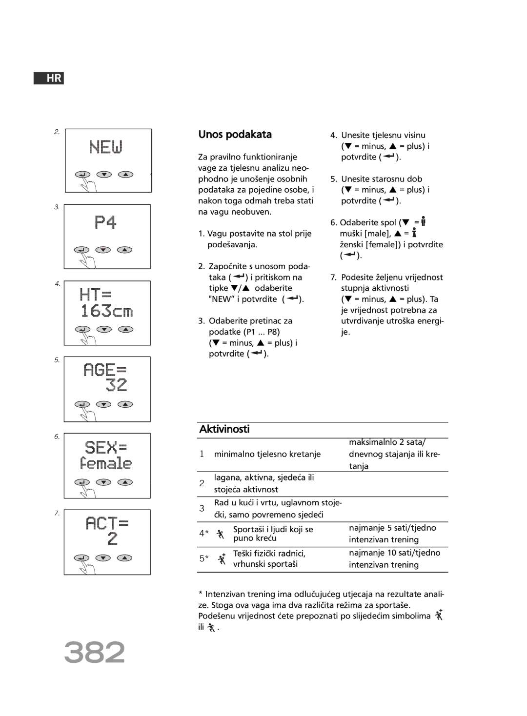 Soehnle FT 5 manual 382, Unos podakata, Aktivinosti 