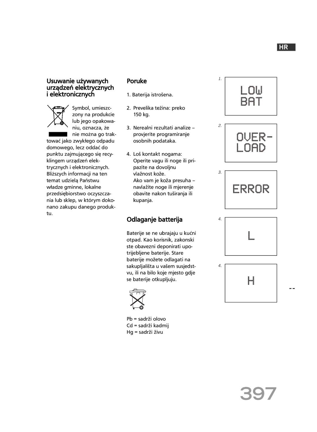 Soehnle FT 5 manual 397, Usuwanie używanych urządzeń elektrycznych i elektronicznych, Poruke, Odlaganje batterija 