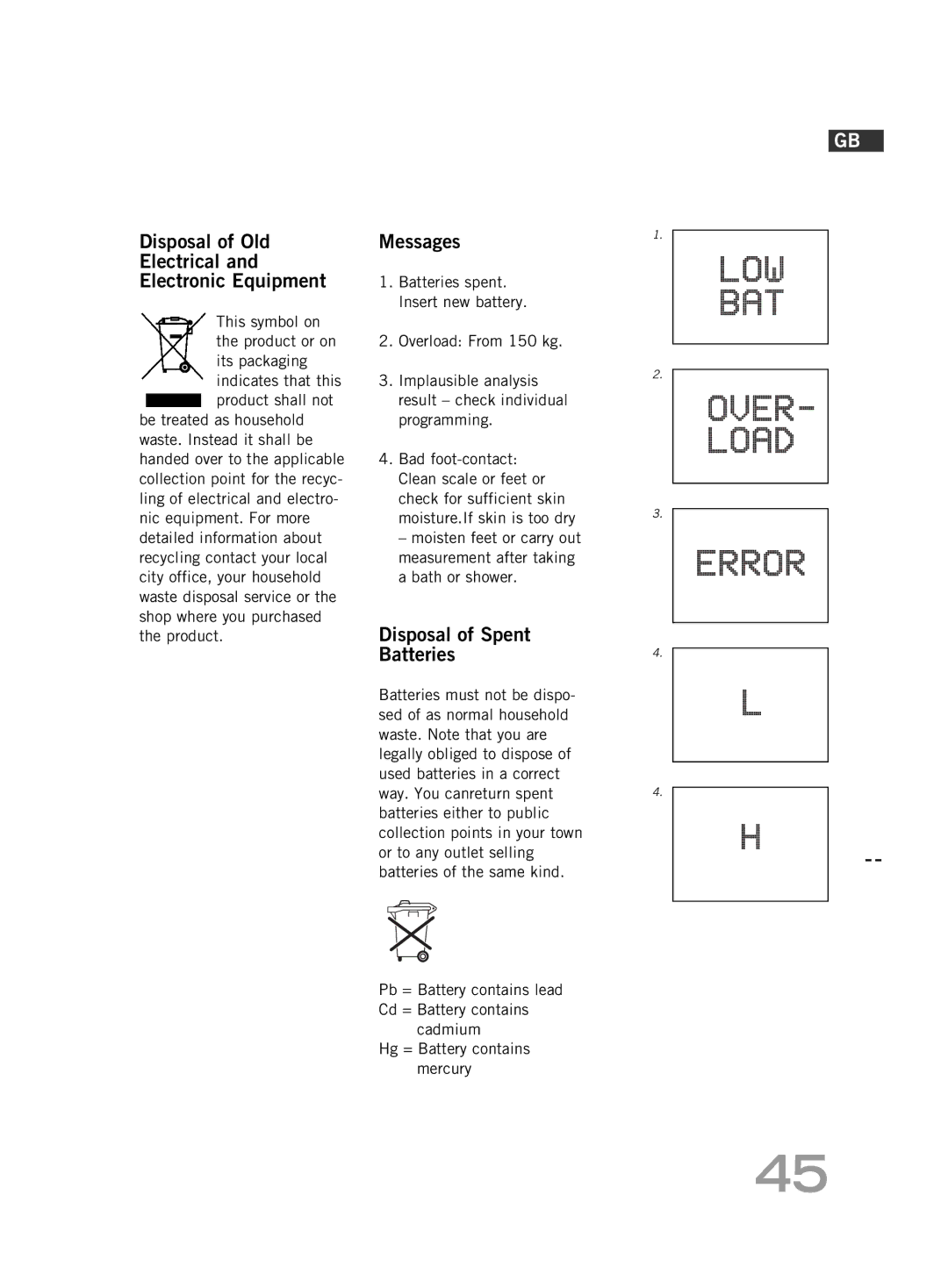 Soehnle FT 5 manual Disposal of Old Electrical Electronic Equipment, Messages, Disposal of Spent Batteries 